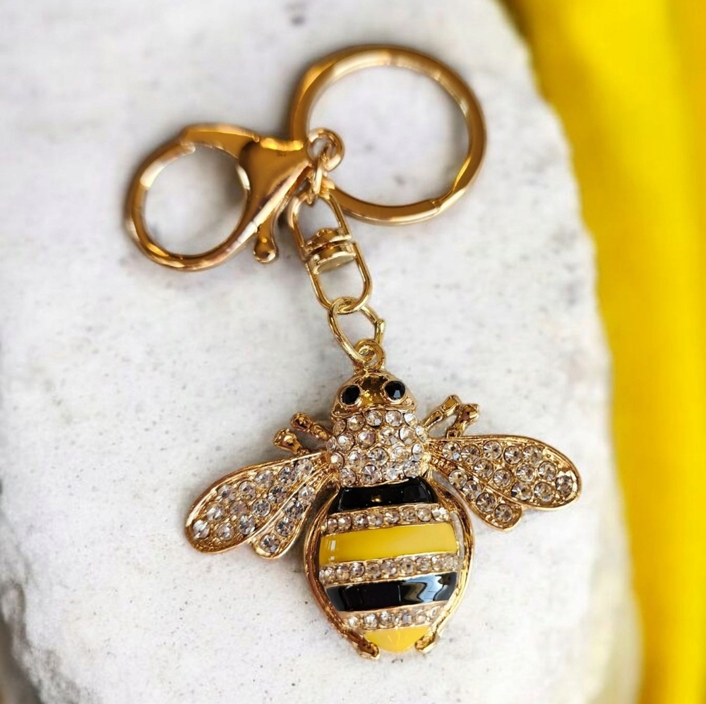 Bee Key Chain Bag Charm Black and Yellow Striped Bumble Bee Keychain Bag Charm